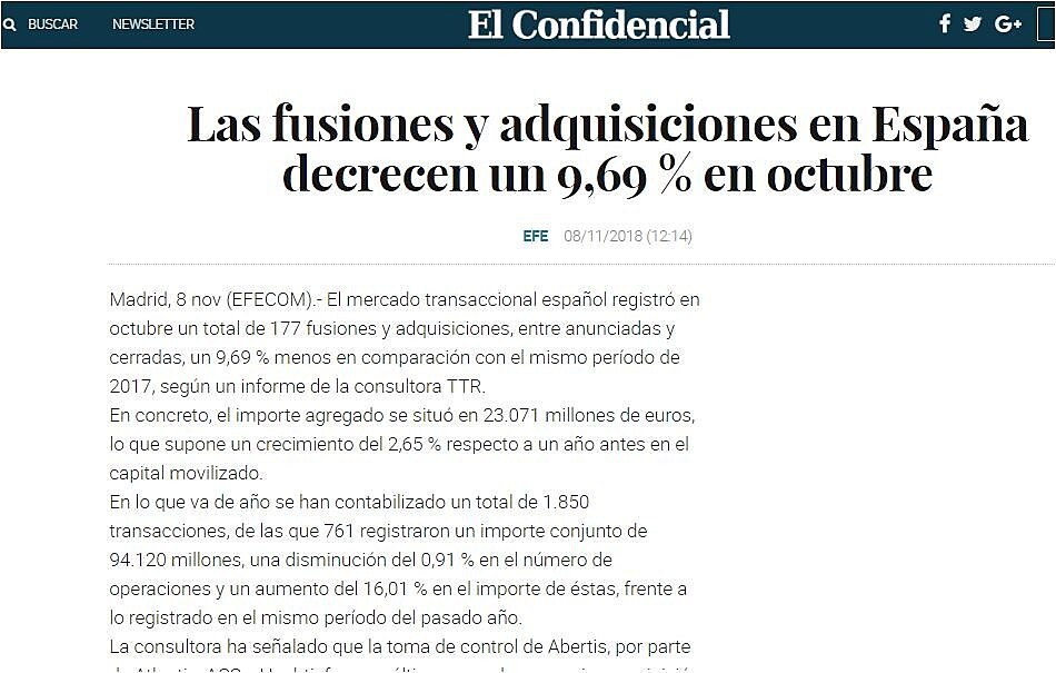 Las fusiones y adquisiciones en Espaa decrecen un 9,69 % en octubre